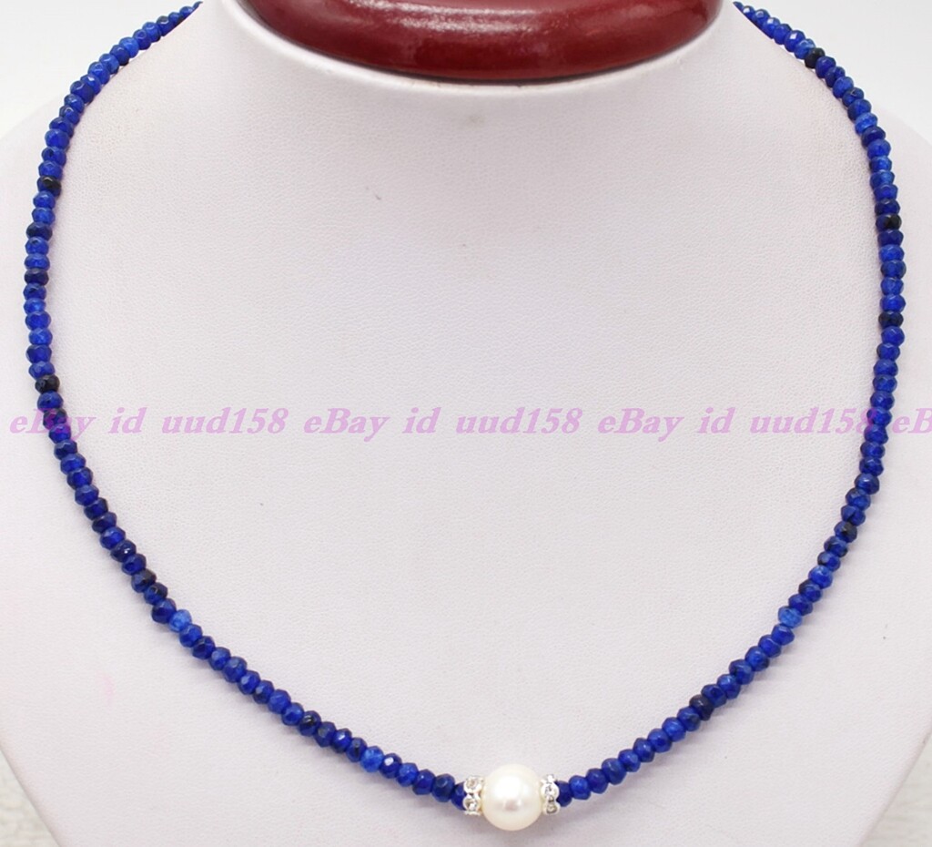 Natural Faceted 2x4mm Blue Jade Roundelle Gems White Pearl Necklace 16-28” AAA