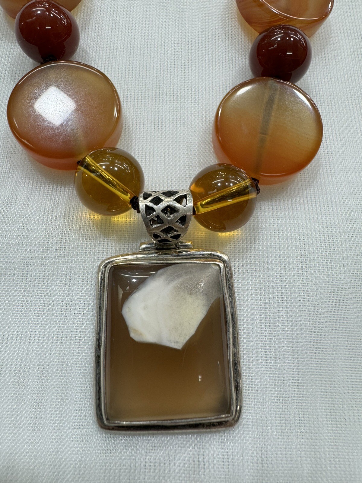 Handmade + Knotting Unique 16” Necklace with Agate, Citrine, 925 Silver Pendant