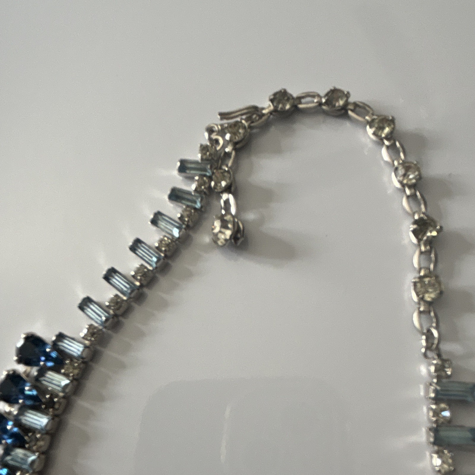 Silver Tone Blue Crystal Rhinestone Tennis Necklace Lobster Adjustable