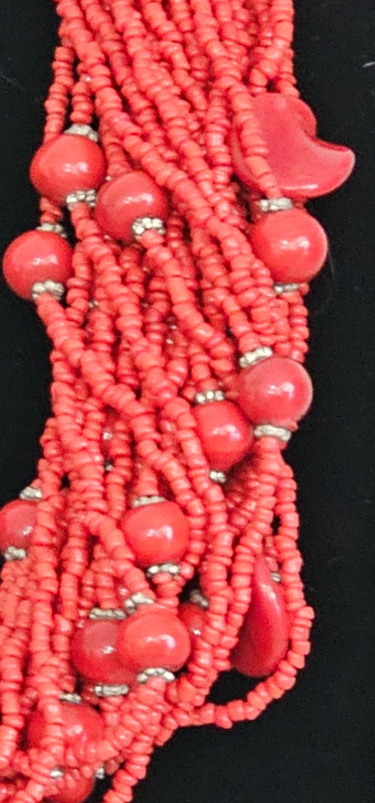 Hand made 30 strand tiny red coral bead fashion necklace great statement pc 21”