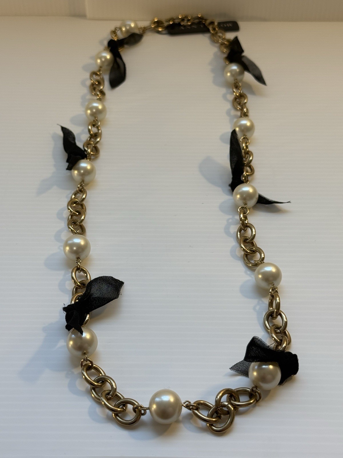 90’s Ann Taylor NWT Statement Necklace Chain Pearl Ribbon Heavy Chunky 33.5” L