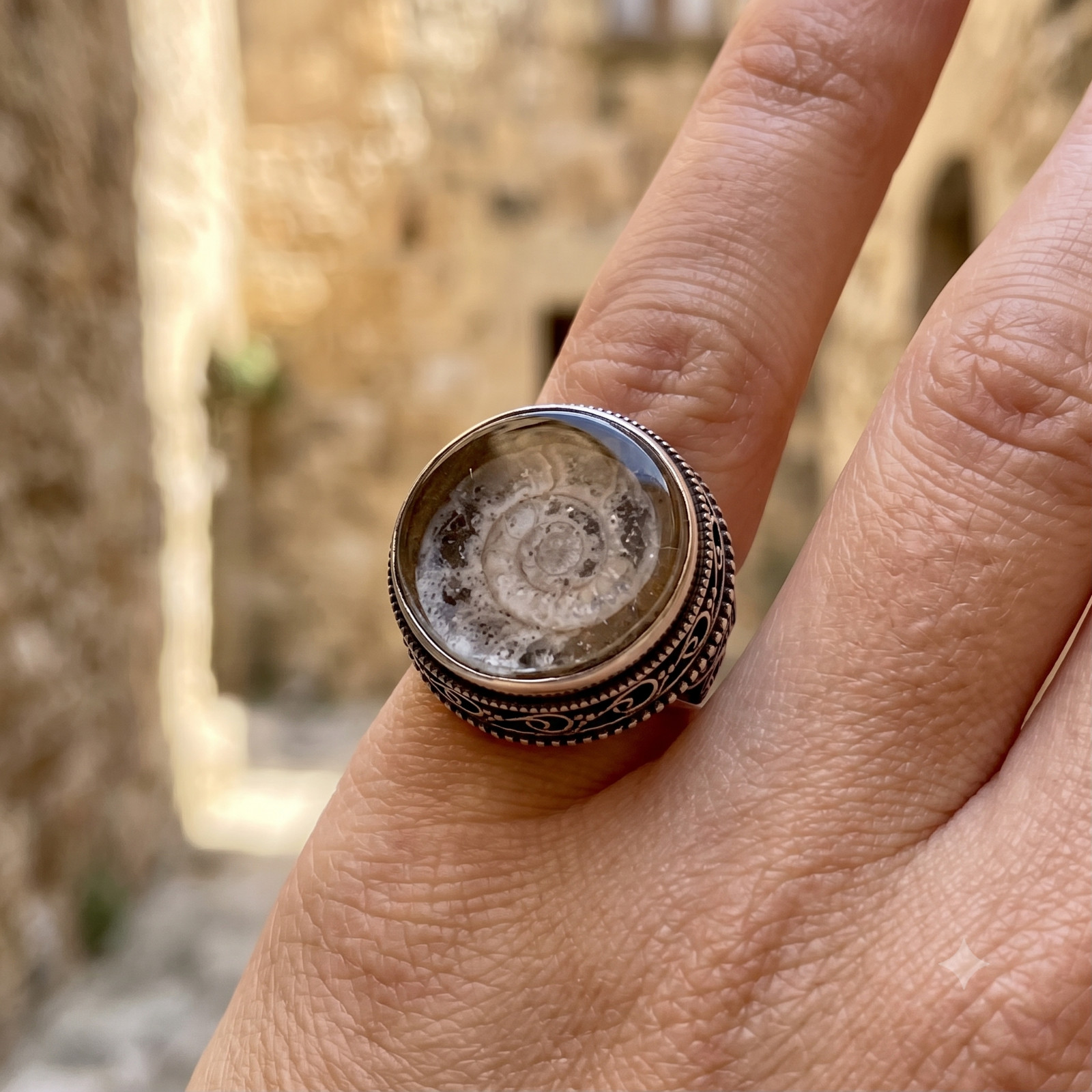 Natural Ammonite Fossil 925 Sterling Silver Wife Statement Handmade Ring Size 7