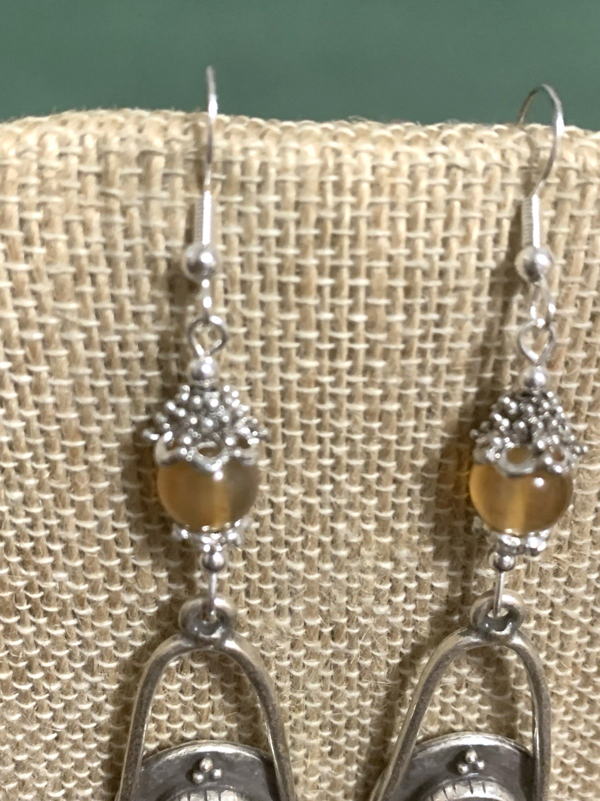 ON SALE*HANDCRAFTED EGYPT CARVED VTG. AMBER CHALCEDONY SCARAB EARRINGS-NEW.s
