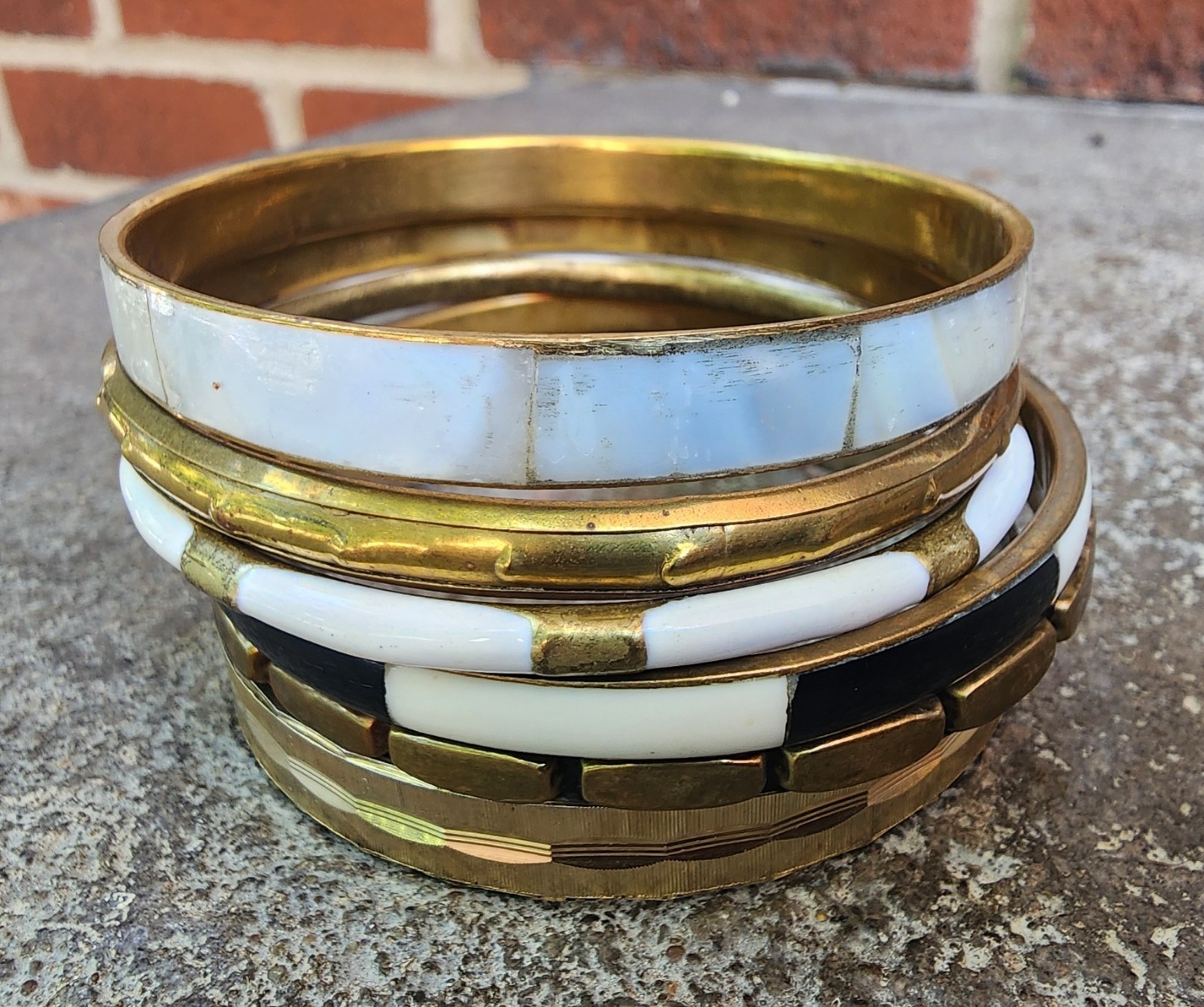 Vintage 60/70s Boho Brass MOP Bangle Bracelets An More. Set Of 6