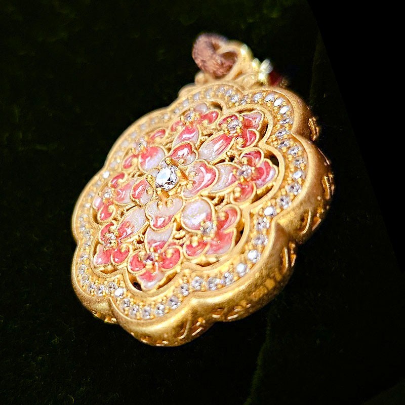 Silver S999 Carved Hollow Lacy & Pink Emerald Flower Plate 2 faces Wear Pendant