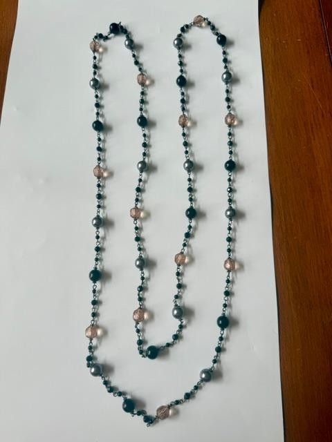 36” Black Gray Blush Pink Beaded Station Necklace No Clasp Opera Length Conditi