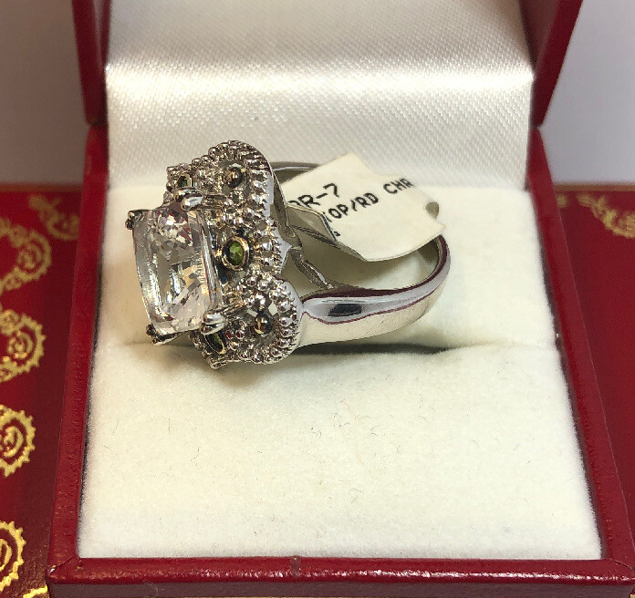 Sterling Silver White Topaz Chrome Diopside Multi Gemstone Modern Deco Ring 7