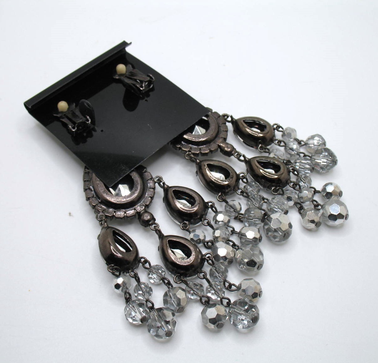 Vintage RJ Graziano clip statement chandelier rhinestone & crystal bead earrings