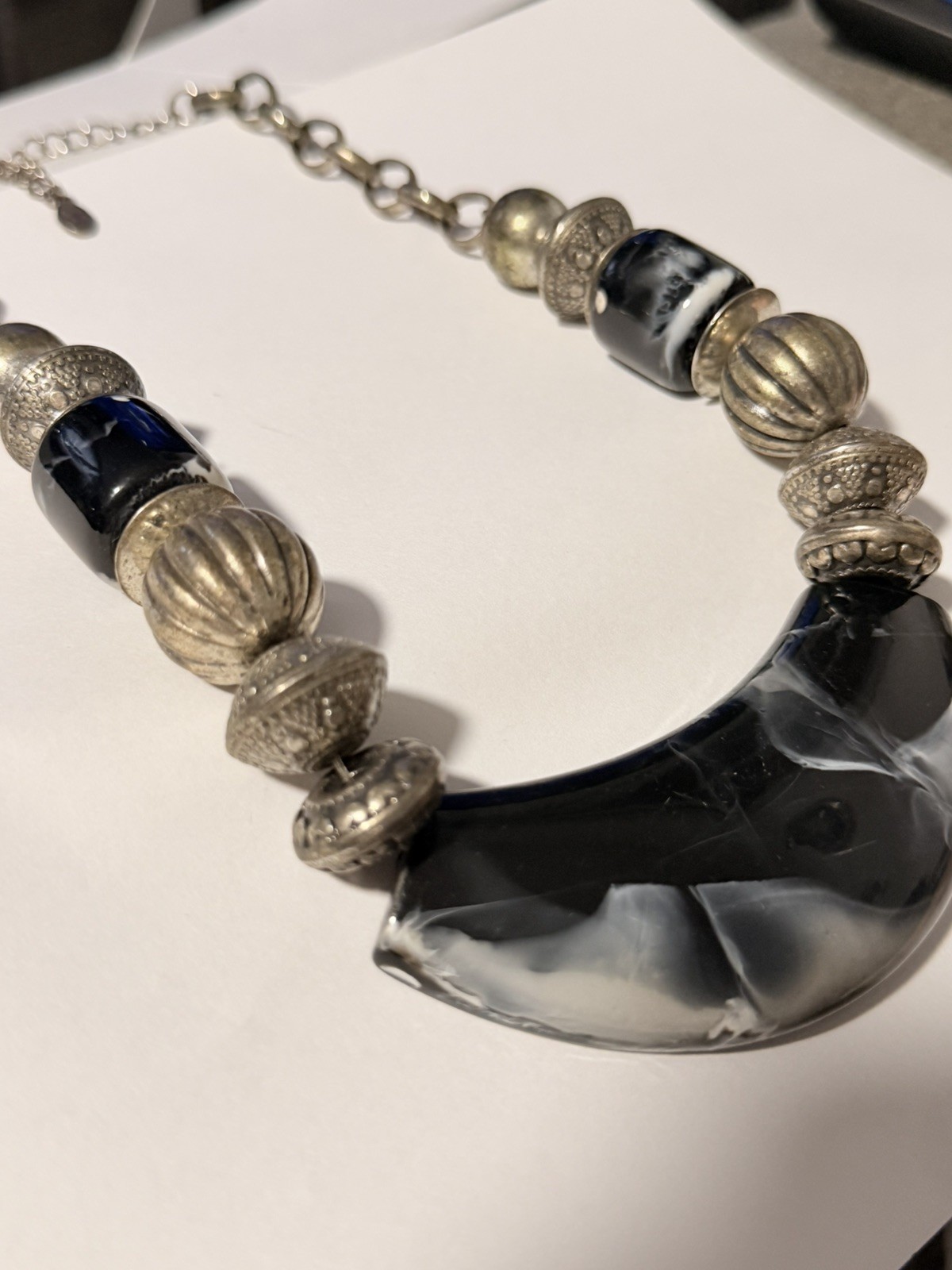 Vintage Chunky Black White Lucite Resin Half Moon Statement Necklace Collar
