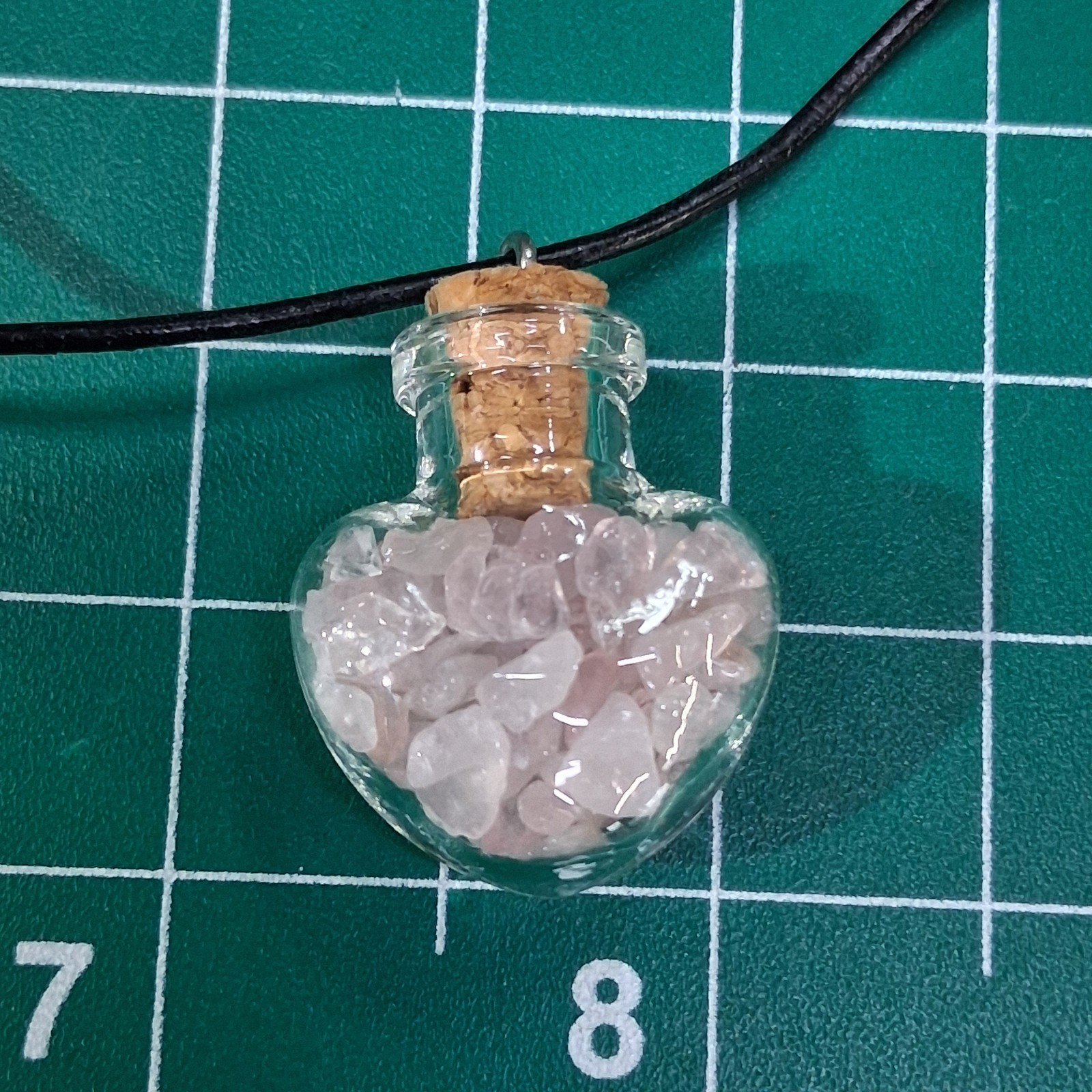 Vintage Pink Quartz Clear Glass Jar Black Azure Cotton Cord 16” Necklace