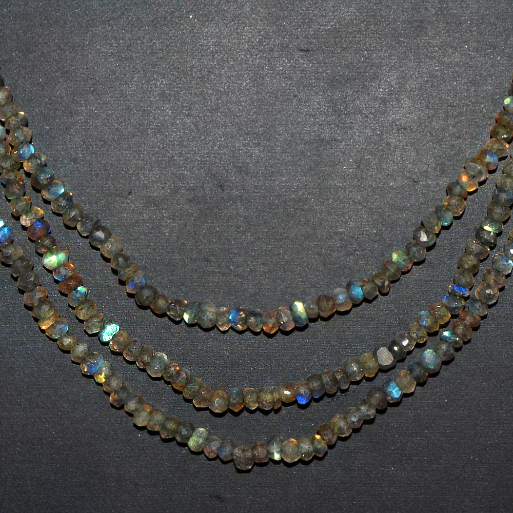 135.35 CTS NATURAL 3 STRAND BLUE FLASH LABRADORITE ROUND CUT BEADS NECKLACE (DG)