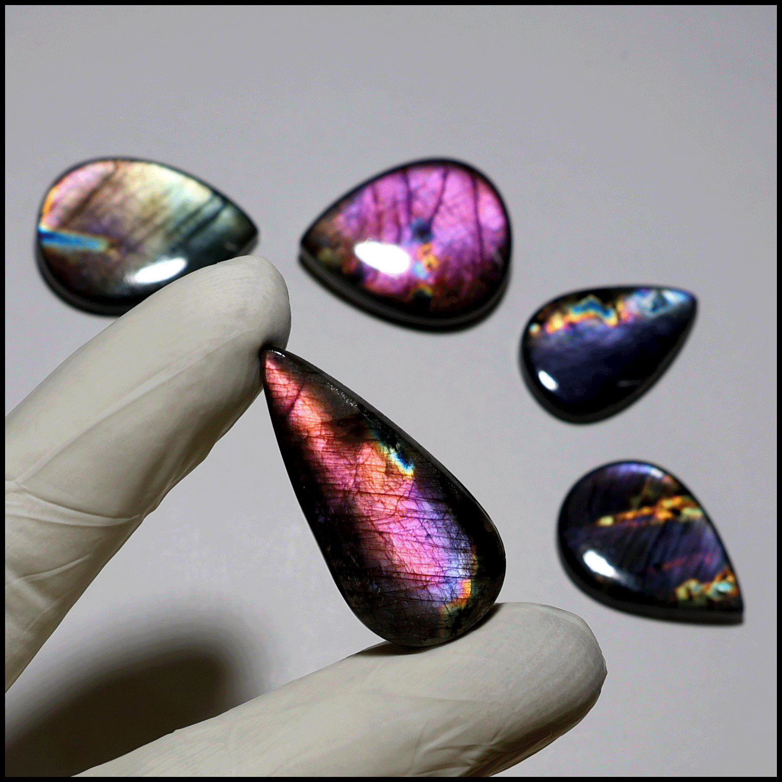 Finland 5 PC Natural Spectrolite Hi-Grade 29mm-38mm Teardrop Cabochon Gemstones