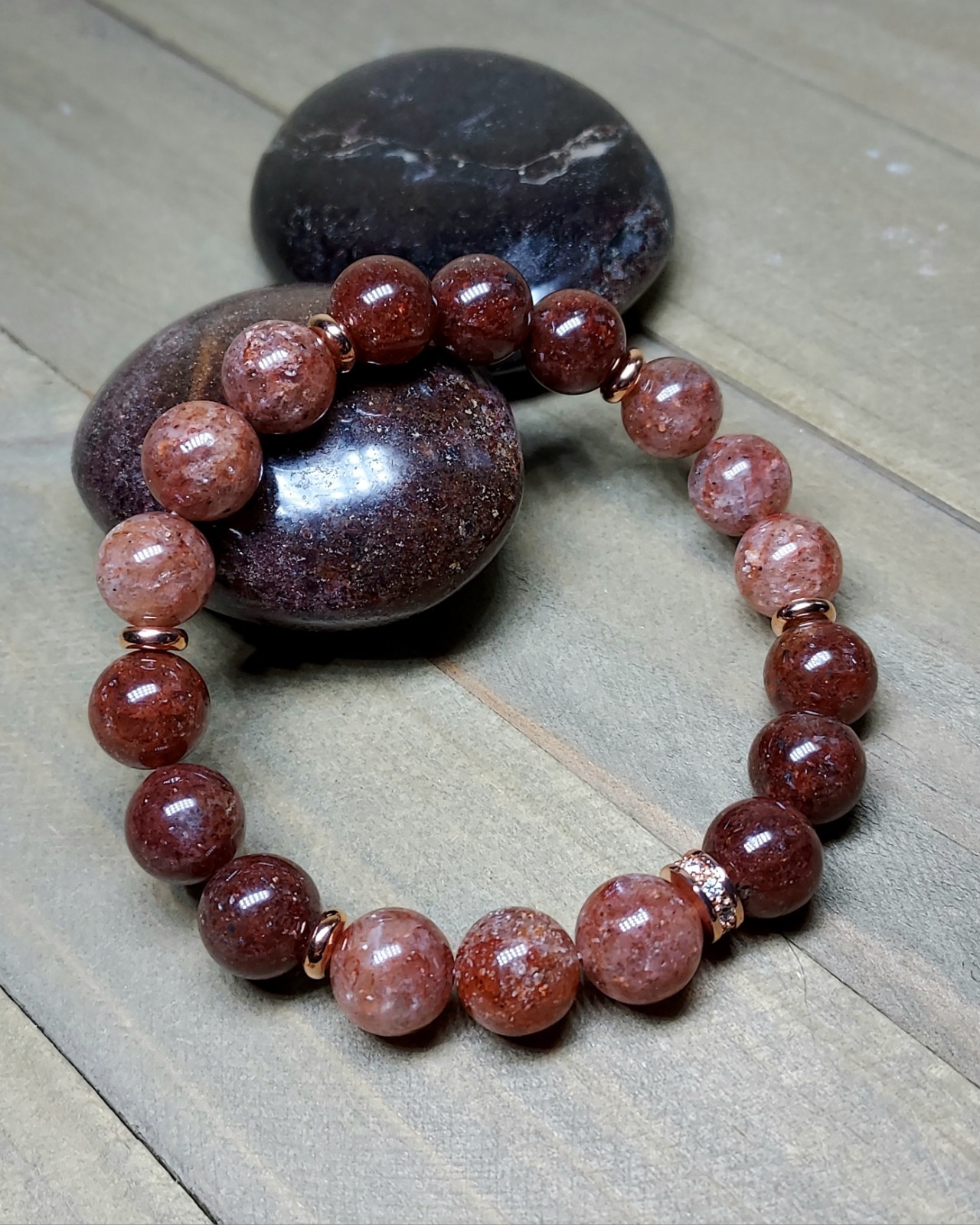 Red Phantom Quartz Gem Bead Bracelet In Rose Gold Stretch One of a Kind 6.75″