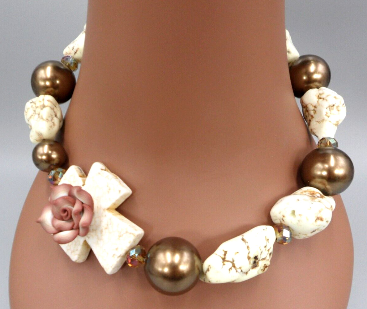 White Turquoise Maltese Cross Choker Nugget Bead Chunky Faux Pearl Asymmetrical
