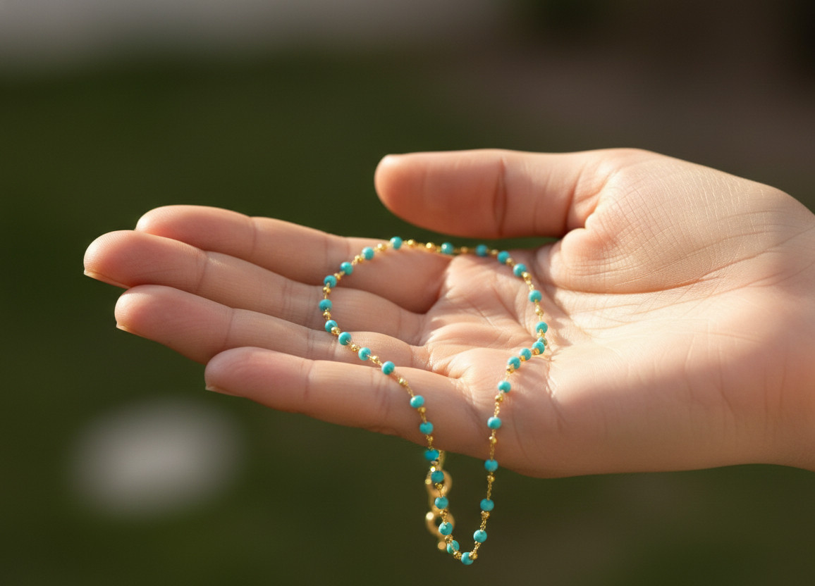 Boho Minimalist Turquoise Gold Tone Brass Bracelet for Her Tiny Bead Charm Chain