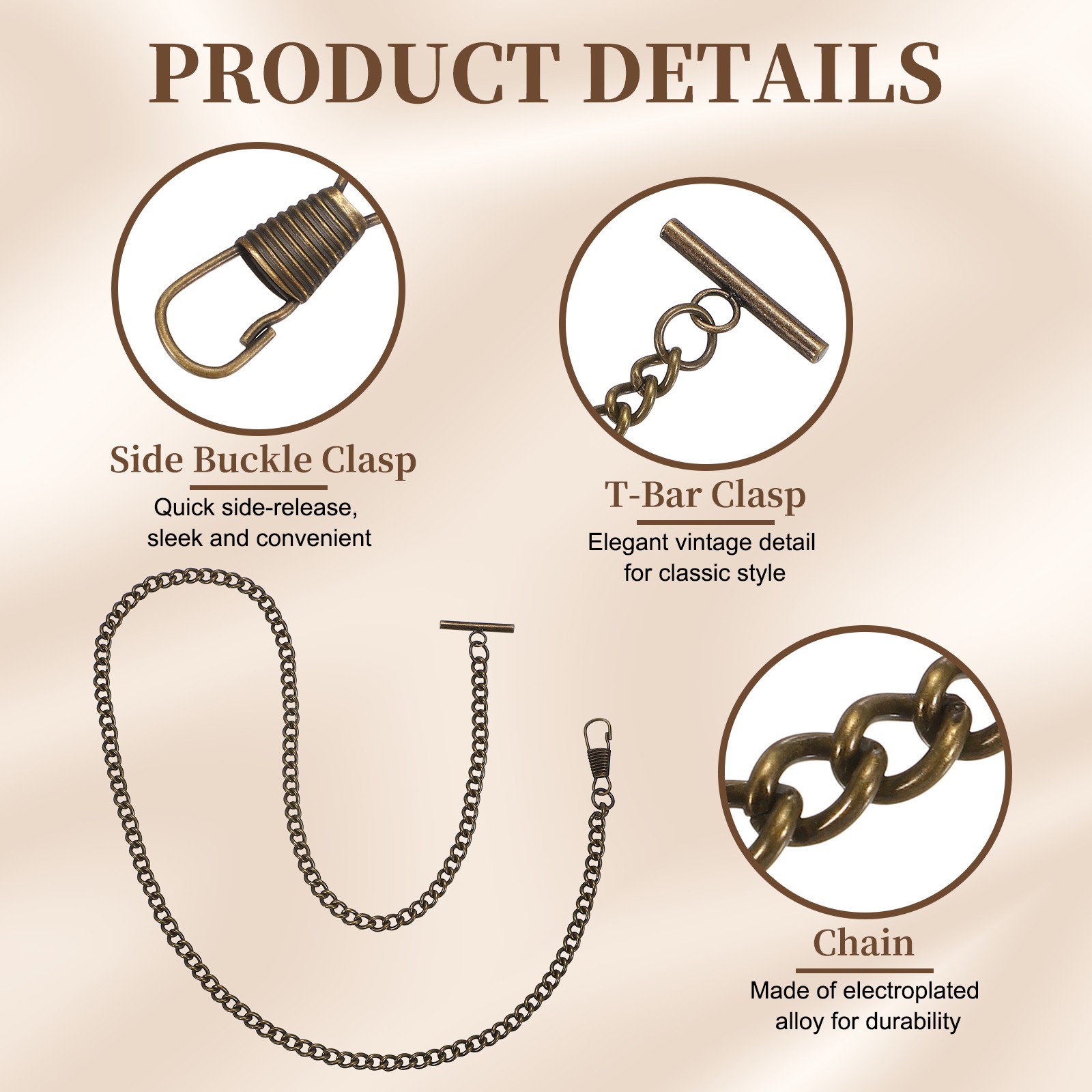 Pocket Watch Chains 12.6″ (32cm) Mental Chains with Side Buckle Clasp, Bronze