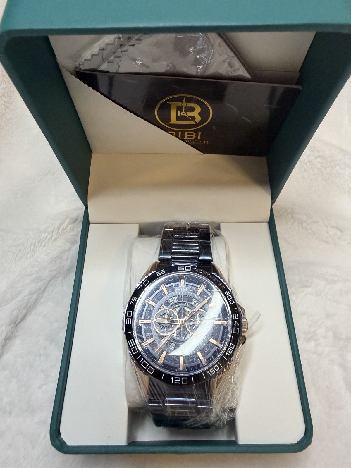BIBI Blue Dial Chronograph Quartz Gold Blue Tone Metal Bracelet Tachymeter Box