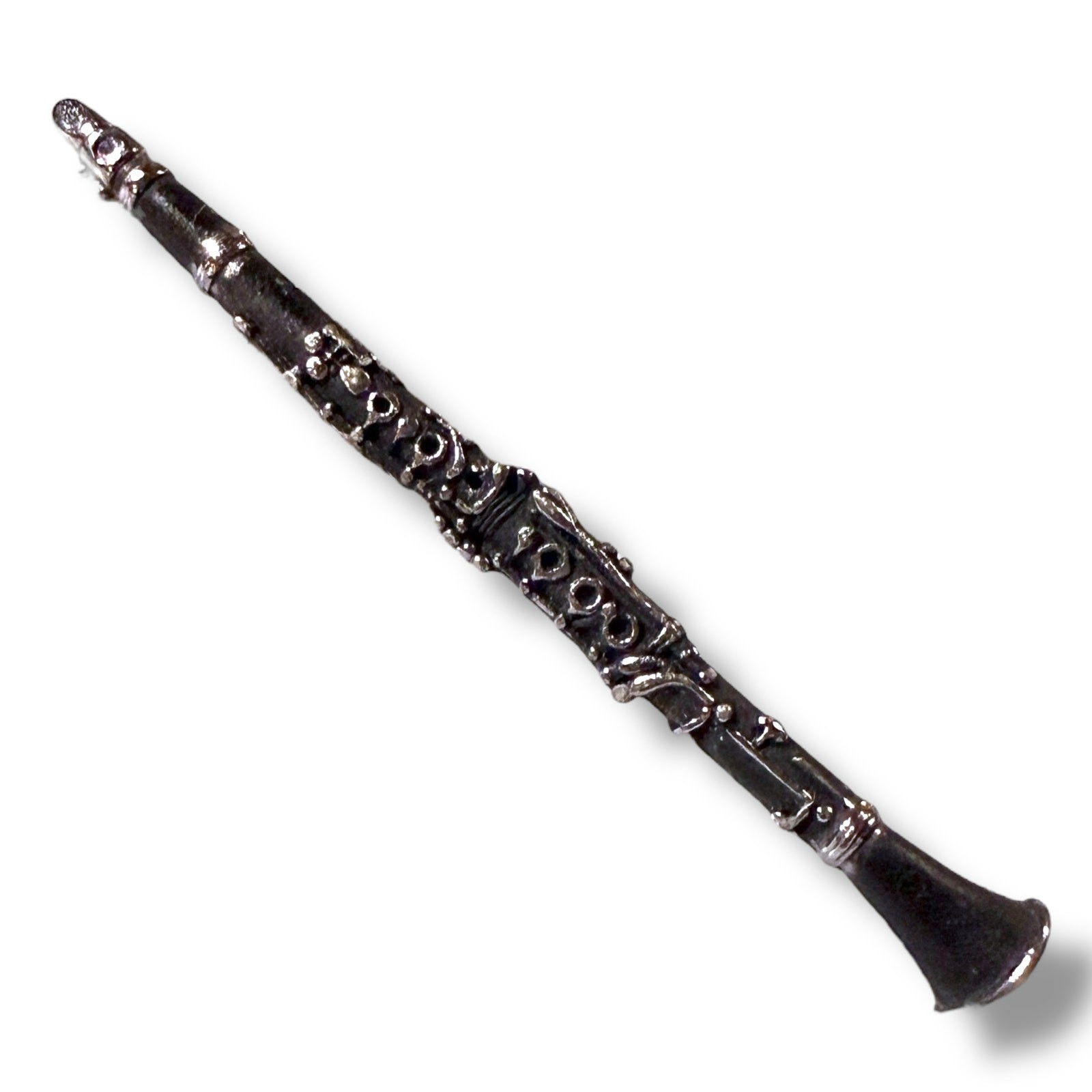 Vintage Future Primitive Lapel Pin Miniature Clarinet Silver Tone Black Patina