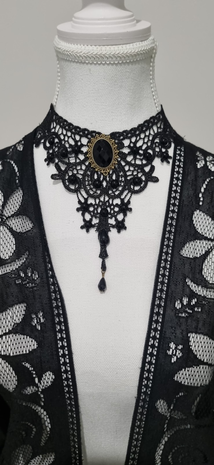 Black Lace Choker Necklace Oval Bezel-Set Pendant with Drop Dangle