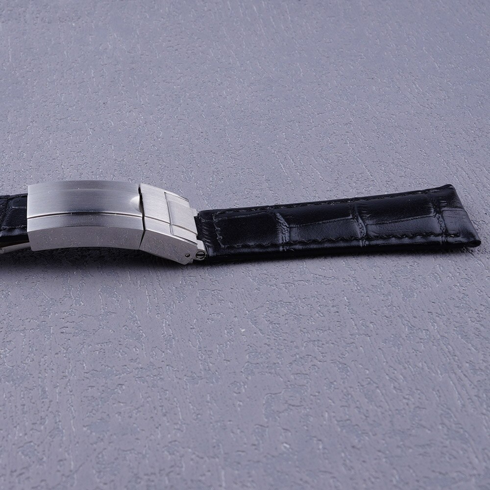 20mm Black Leather Strap Silver Brush OYSTER Clasp WatchBand For GMT Tudor Seiko