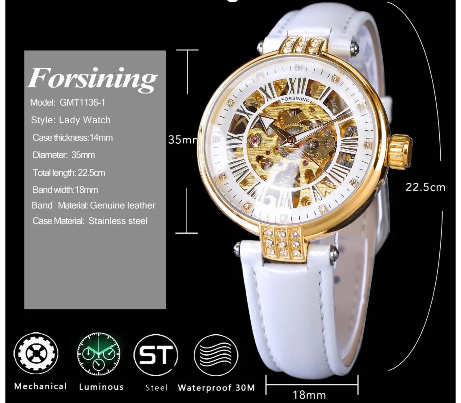 Forsining Womens Automatic Transparent Skeleton White Leather Band Ladies Watch