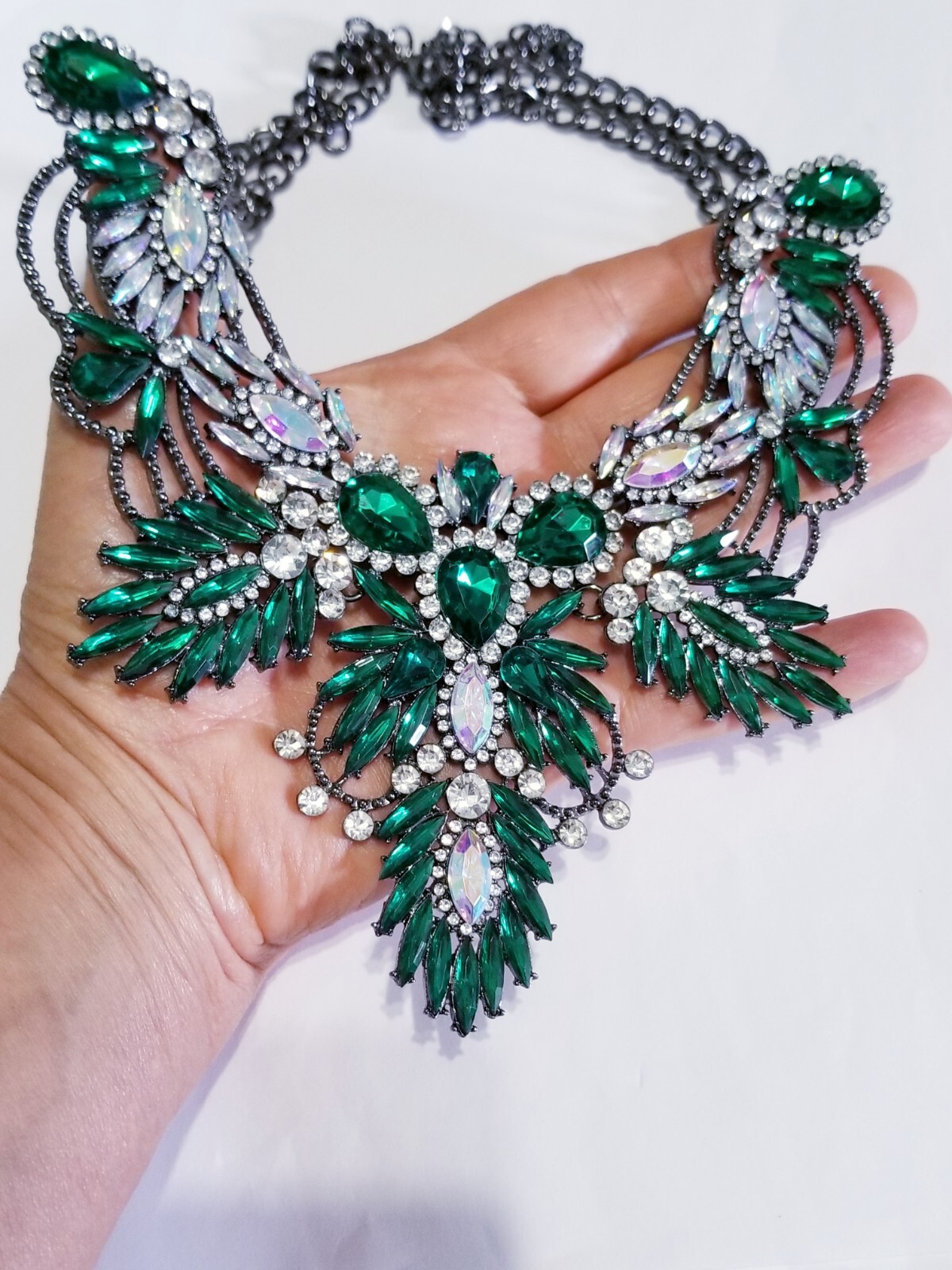 Green Statement Choker Rhinestone Necklace Bridal Prom Pageant Gothic