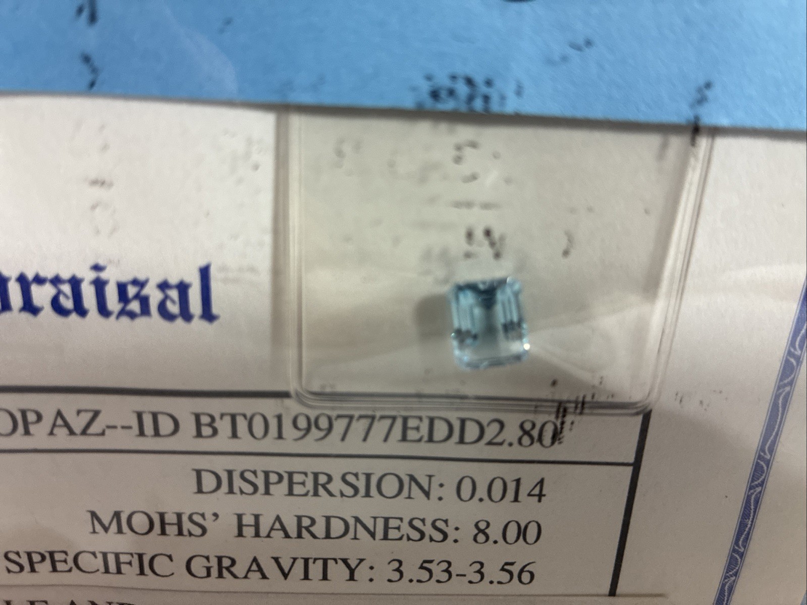 Genuine Blue Topaz 2.80 Carats w Certificate of Appraisal Included