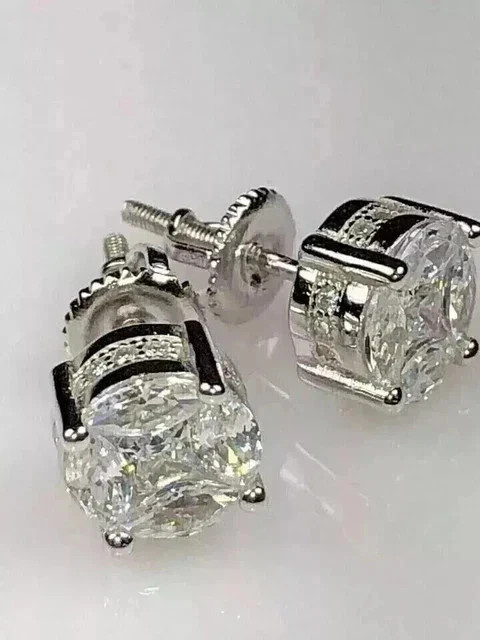 3Ct Round Cut Real Moissanite Men’s Stud Earrings 14K White Gold Silver Plated