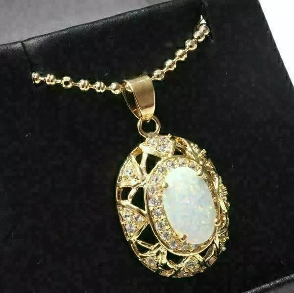 Fire Opal 3Ct Oval Cut Lab Created Vintage Pendant 14K Yellow Gold Plated Silver