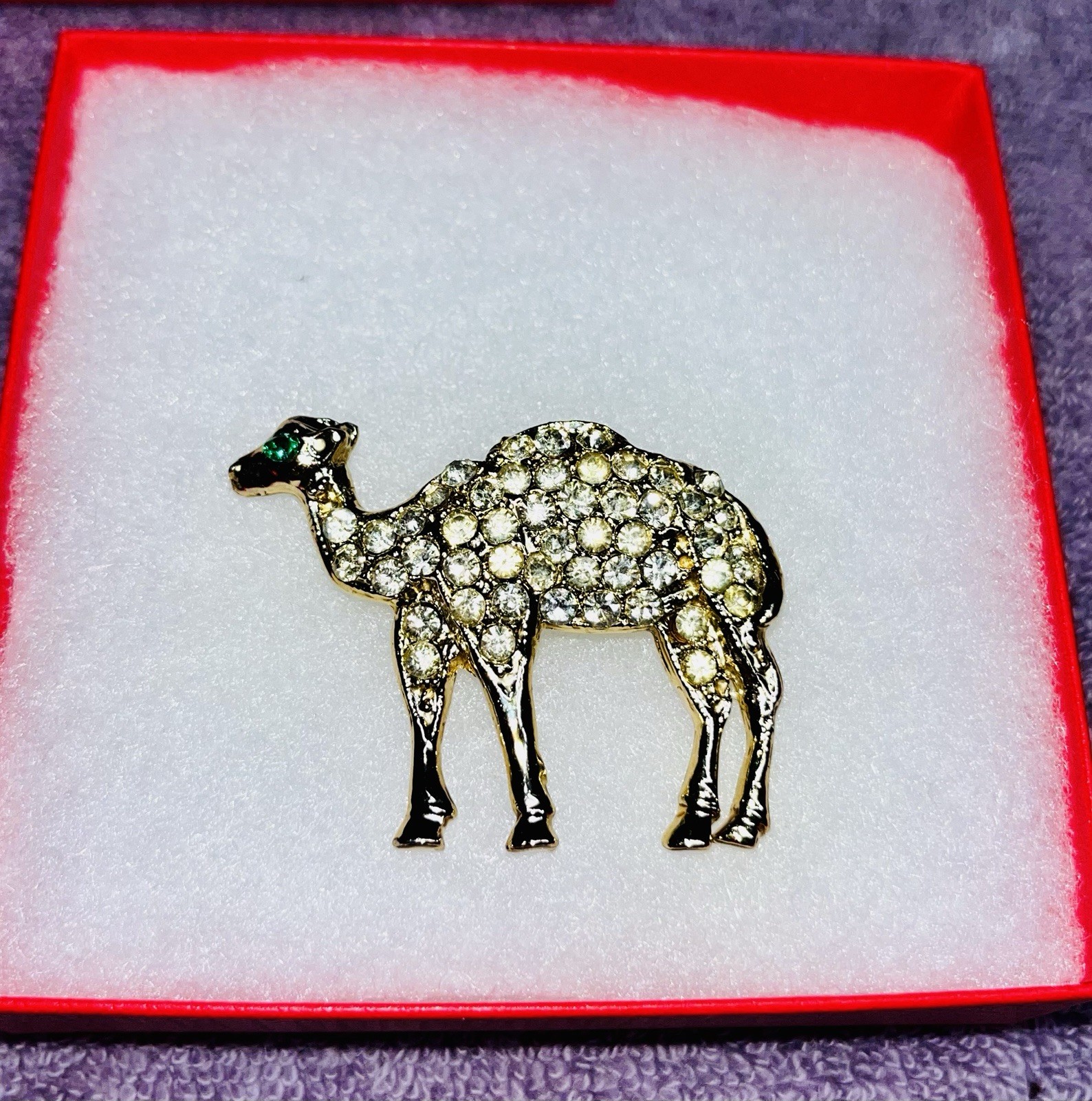 Vintage Gold Tone Camel Brooch/Pin with Clear Rhinestones & Green Rhinestone Eye