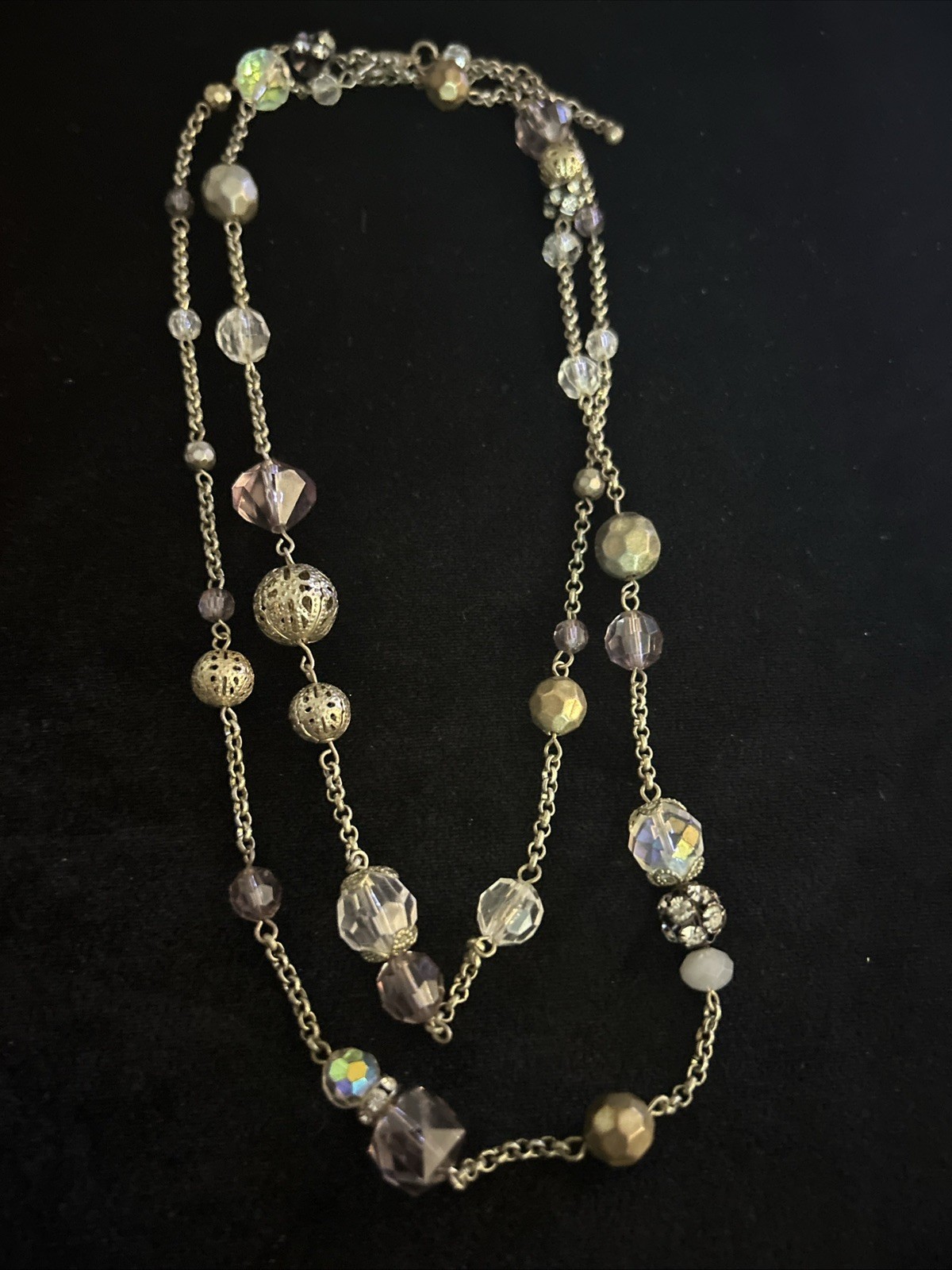 Adjustable Silver-Tone Link Translucent & GoldTone+Purple Beads Necklace 20”Drop