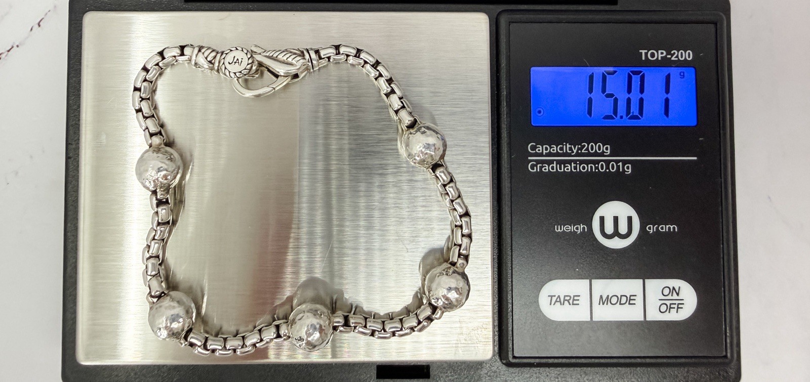JAI John Hardy 925 SterlingSilver Hammered Ball Station BoxChain Bracelet 8” 15g