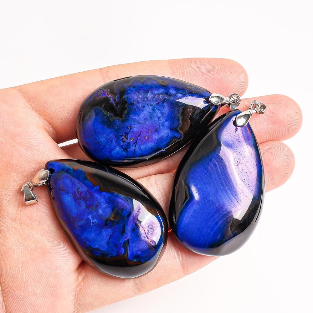 Natural Purple blue Teardrop Agate Top Drilled Gemstone Pendant 48X30X9MM