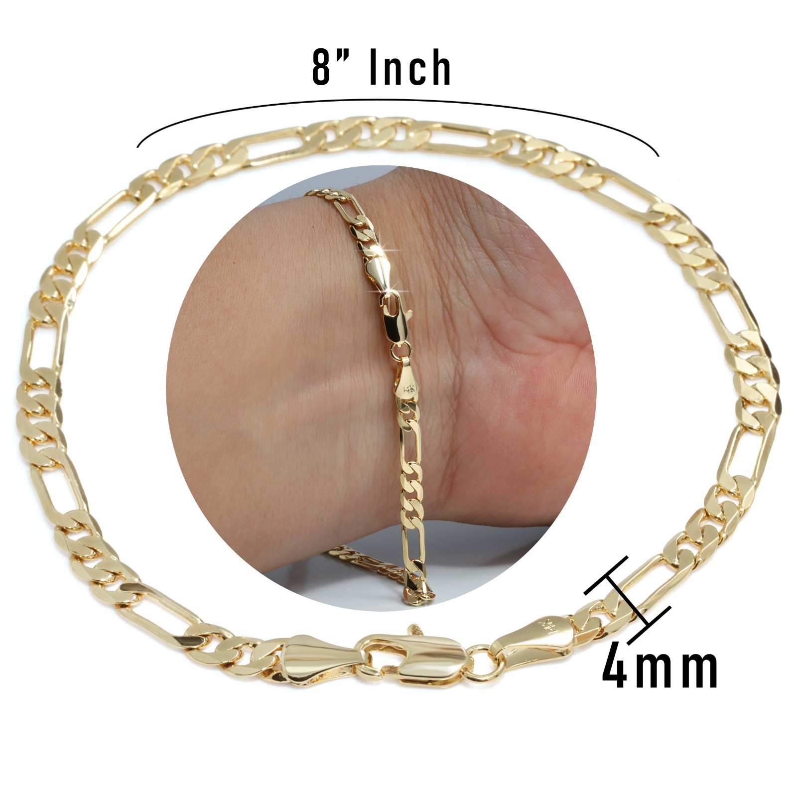 Figaro Bracelet Solid Chain 14K Gold Plated 4mm – 8″Inch Men’s Hip Hop Fashion