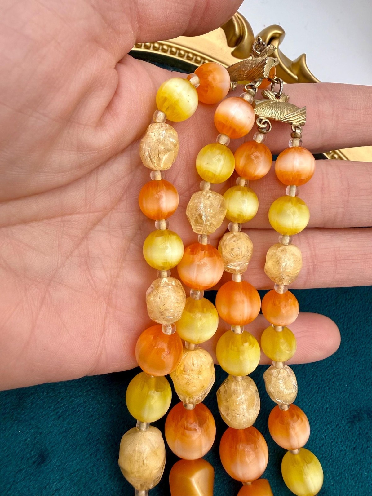 Vintage Coro Moonglow Lucite Necklace, 1950s Fruit Salad Beads, Orange Yellow Bu