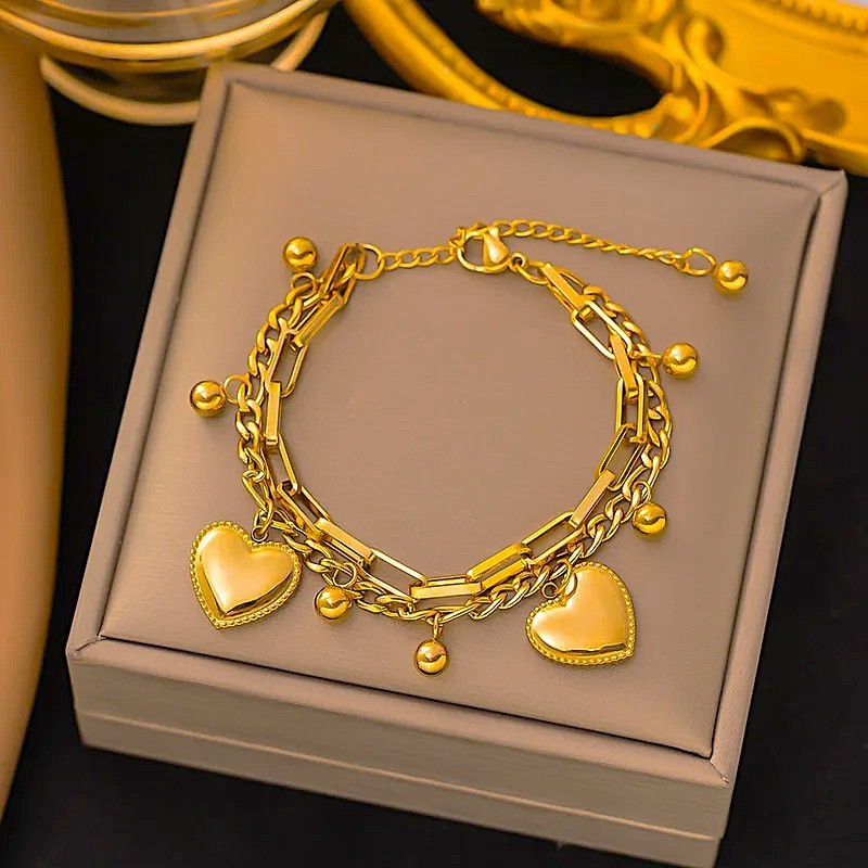 Gold Tone Heart Charm Chain Bracelet Stainless Steel PVD Adjustable