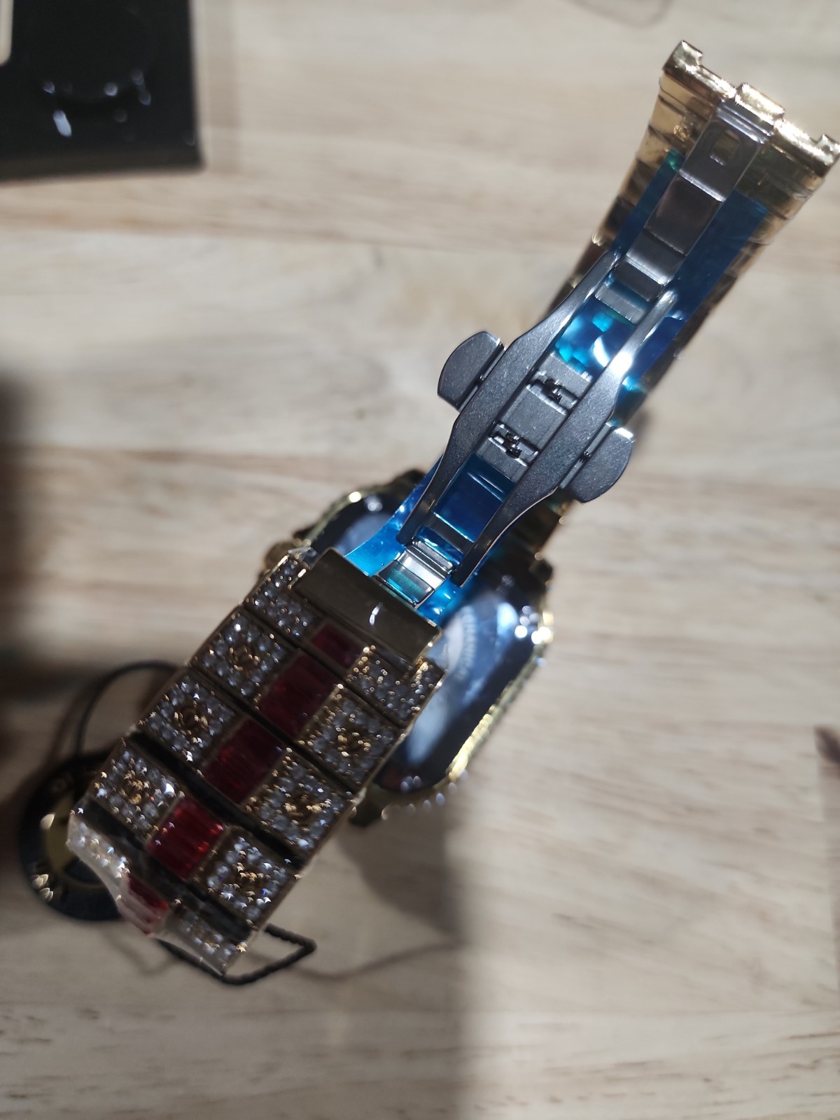 Men’s Fully Iced Out Quality Watch Bling Gold Simulated Diamond Red Stripe