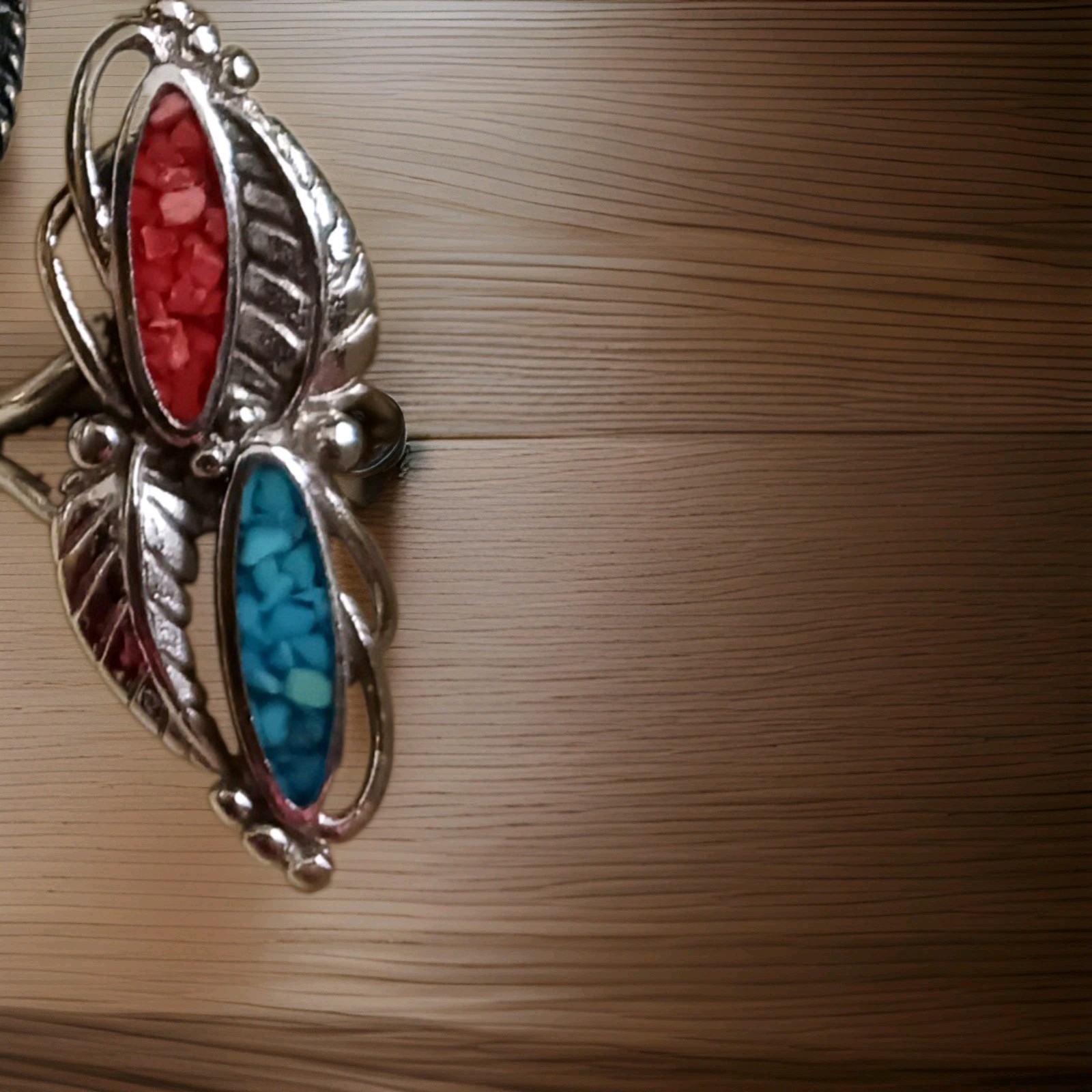Vintage Navajo Crushed Turquoise, Red Coral & Sterling Silver 925 Ring