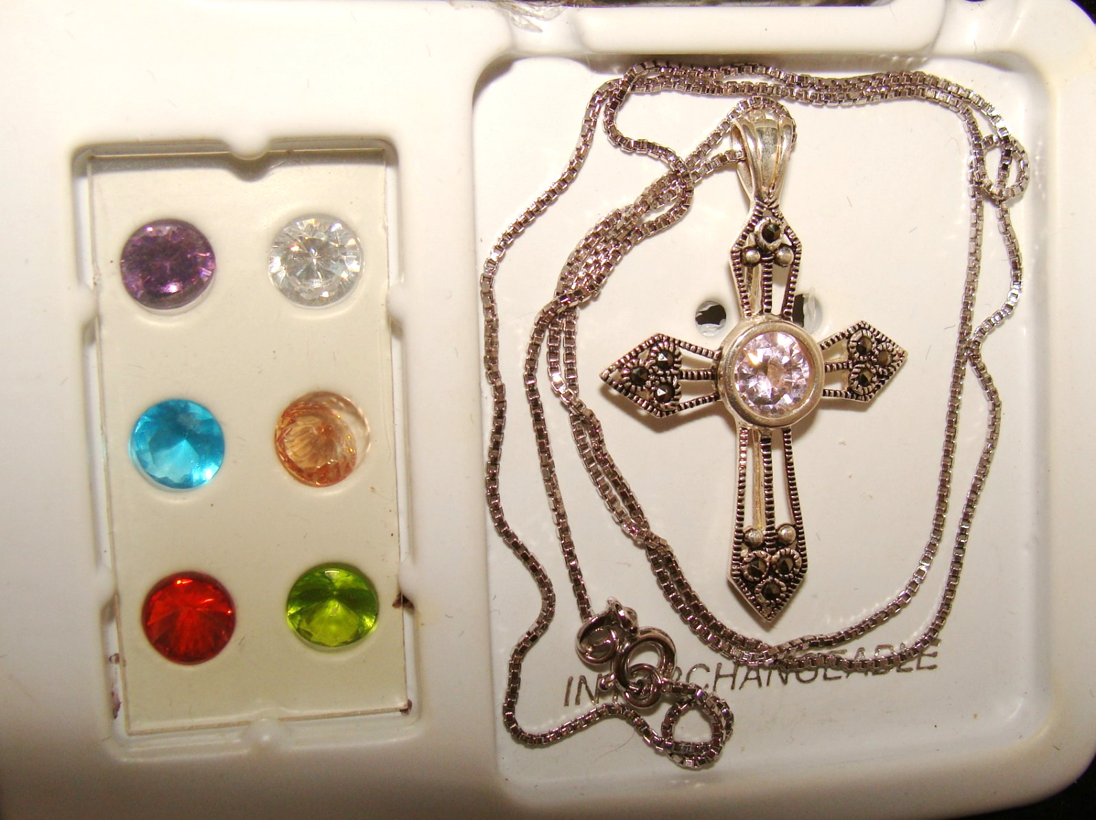 Silver Plated Mark 925 Cross Marcasite Interchangeable 7 Colors CZ 18″ Necklace