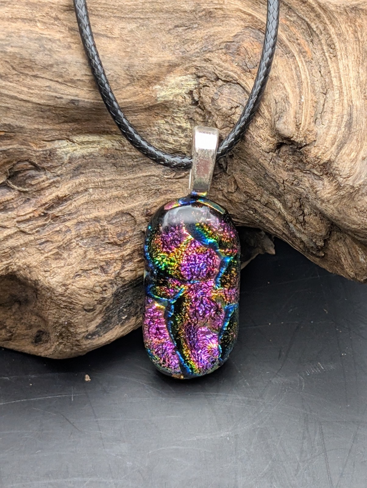 Purple Multicolor Striped necklace pendant fused glass #905