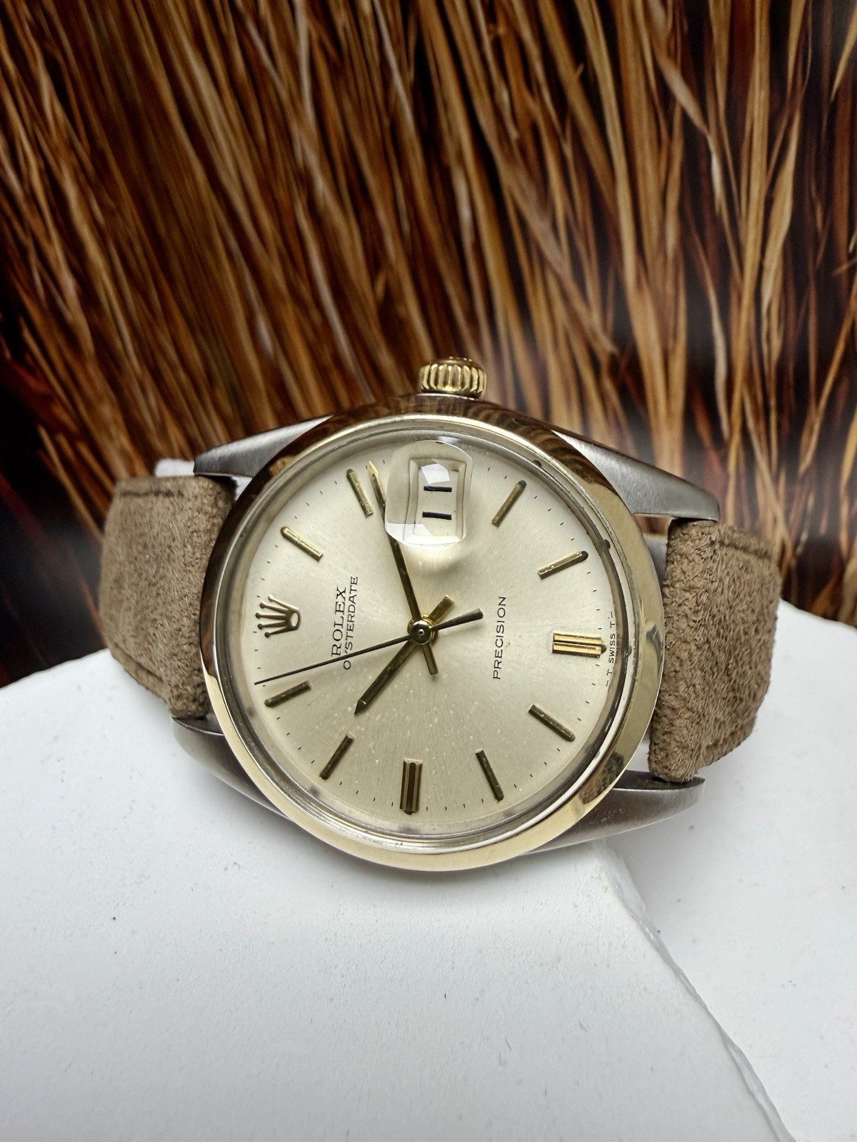 Mens Rolex Oysterdate Precision Stainless Steel Gold Silver Dial 34mm Watch 6694