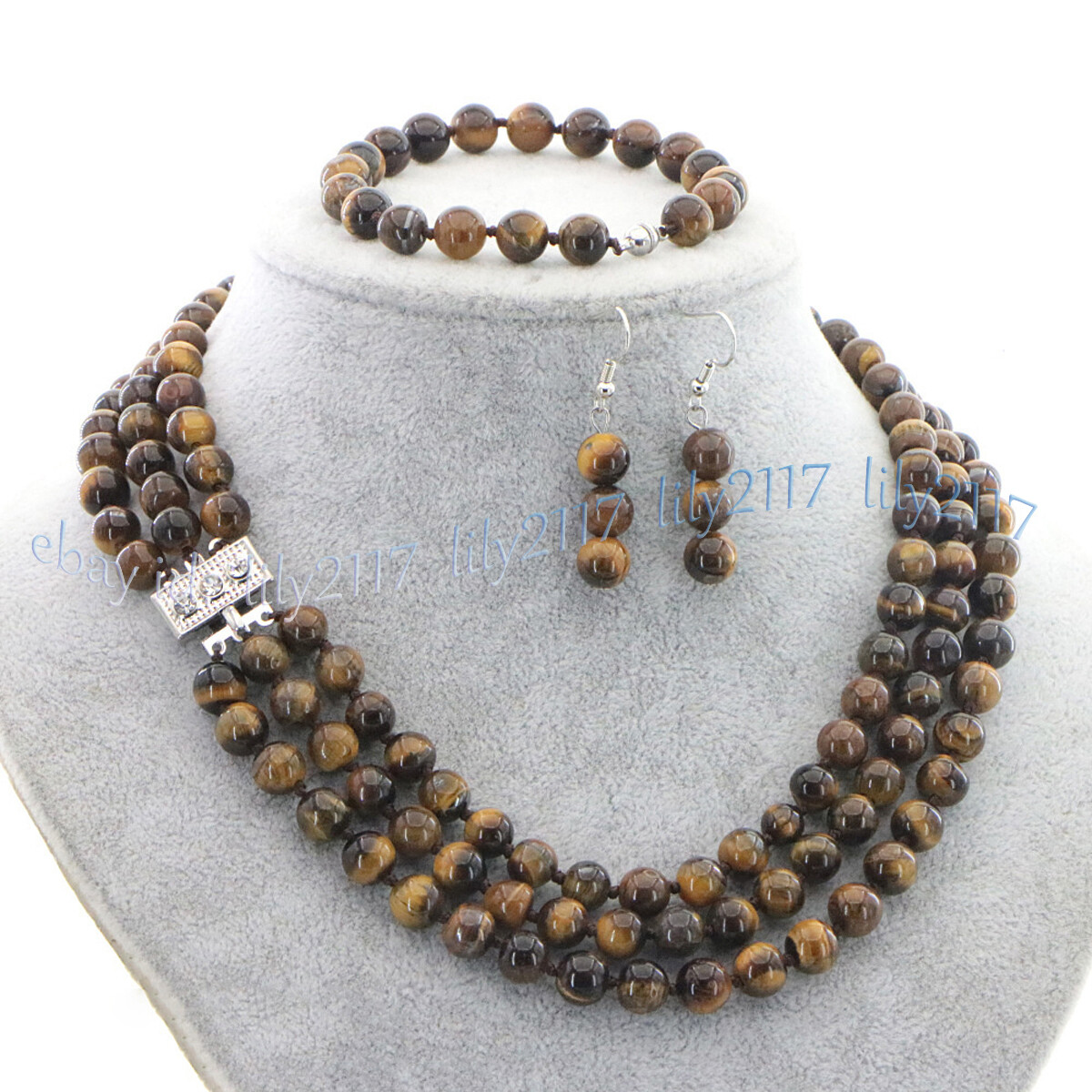 3 Rows Natural Multicolor Jade Round Gems Necklace Bracelet Earrings Jewelry Set