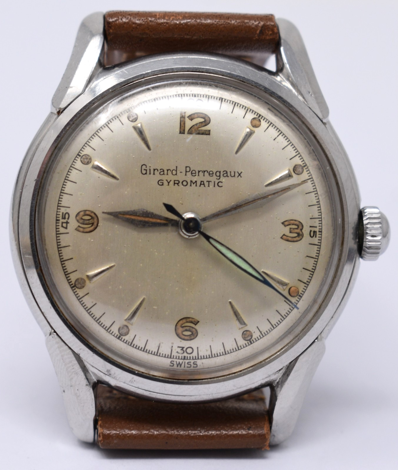 Vintage 1950s Mens Girard-Perregaux Gyromatic Swiss Wristwatch 47AE Stainless