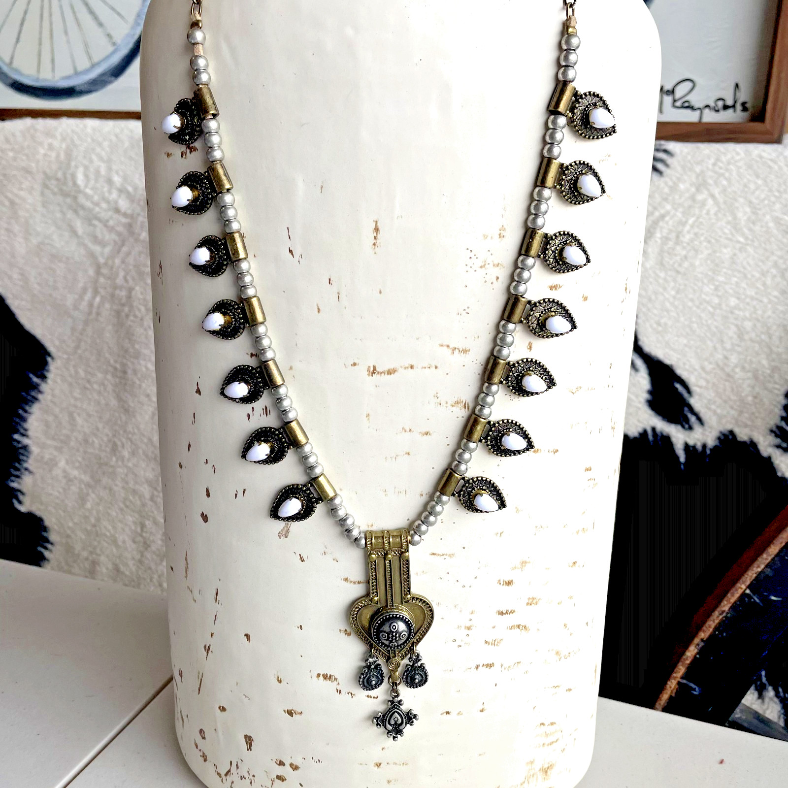 Vintage ELFE Italy White Resin Naja Squash Blossom Statement Pendant Necklace
