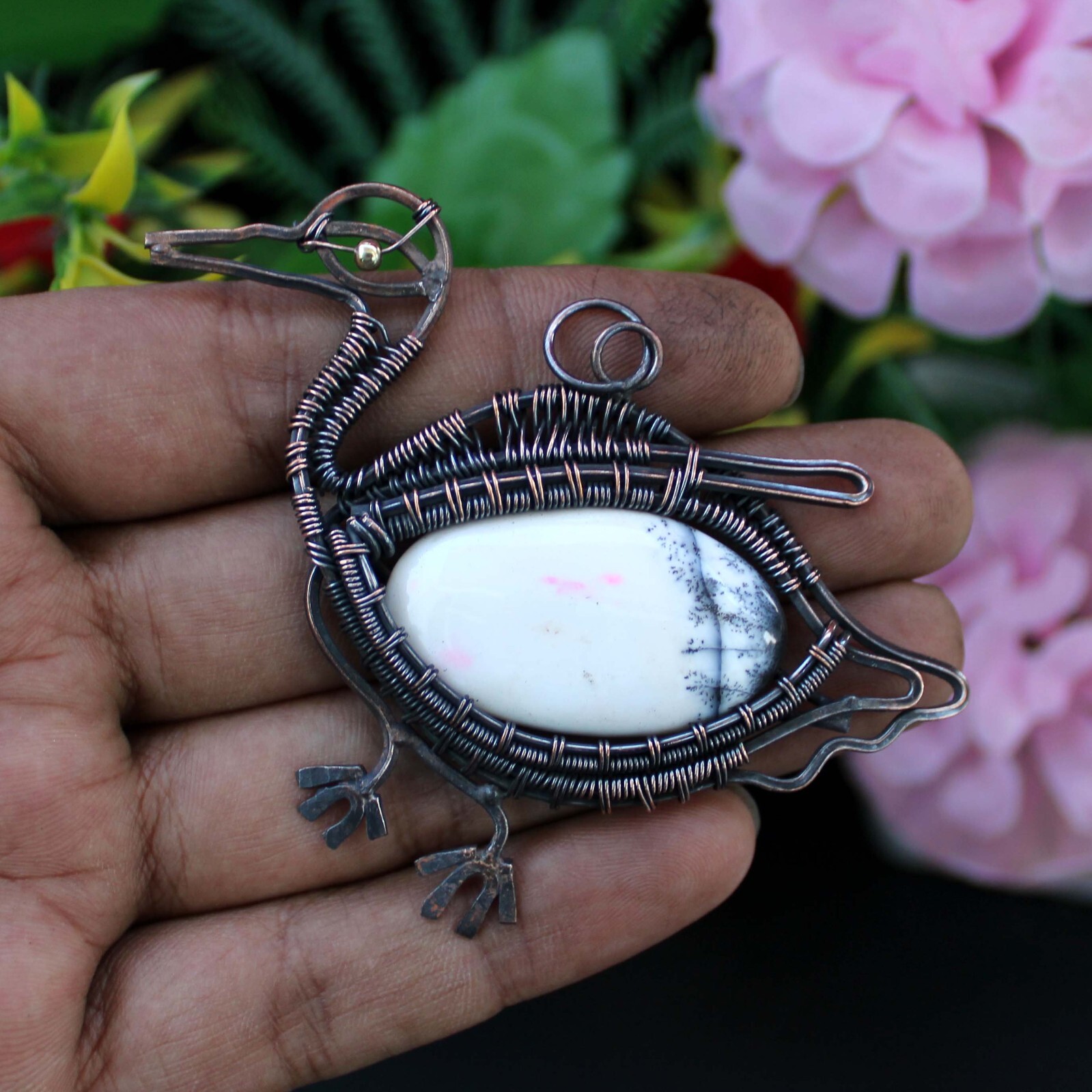 Dendrite Opal Gemstone Jewelry Mother Gift Copper Wire Wrapped Bird Pendant