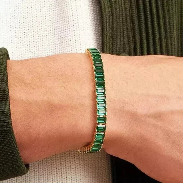 Emerald Cut Lab-Created Emerald Men’s Tennis Bracelet 14K Yellow Gold Plated