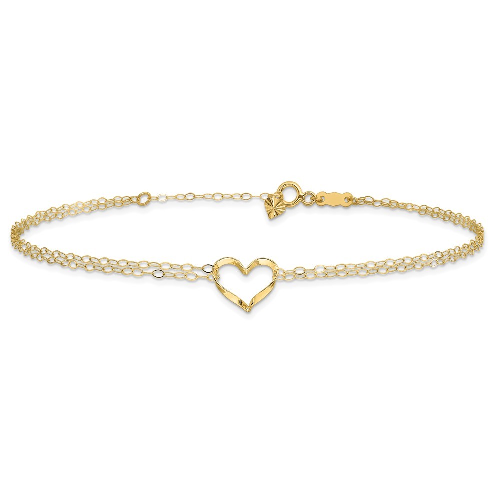 14k Yellow Gold Double Strand Heart 10in Plus 1in ext. Anklet for Women 0.95g