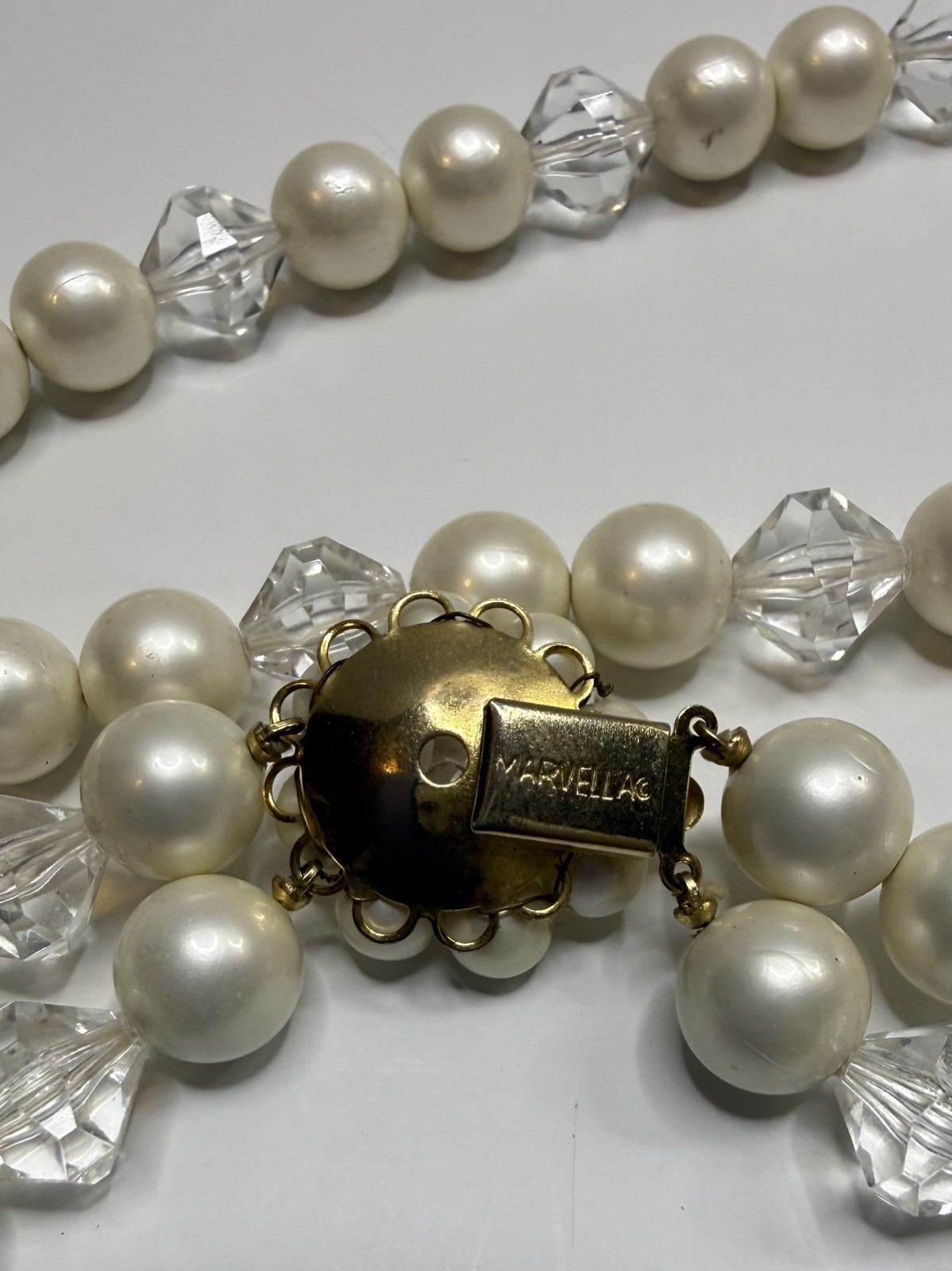 Vintage Marvella Cream Faux Pearl ⚪️Crystal Bead Multi Strand Necklace Marked✨