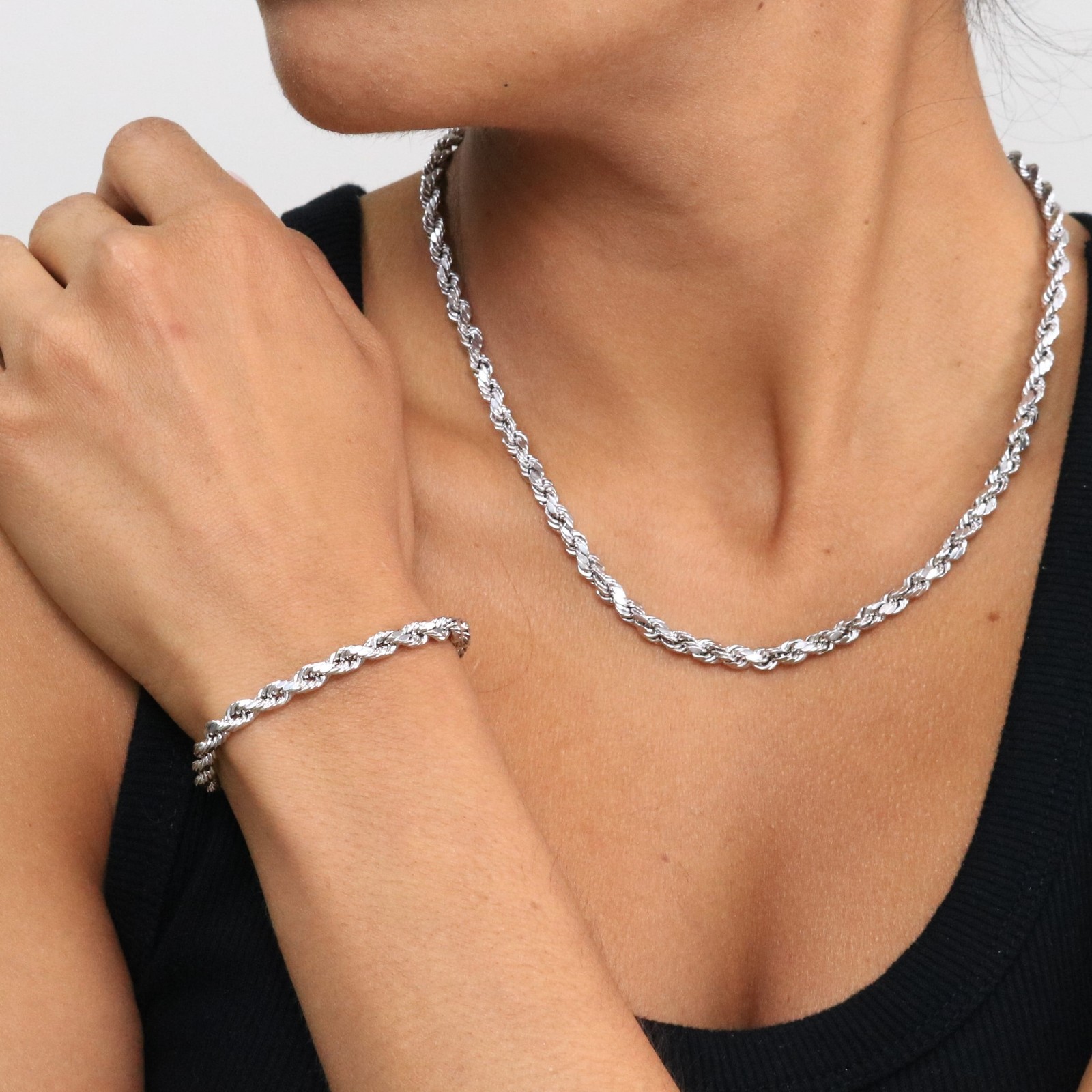 10K White Gold 5mm Diamond Cut Rope Bracelet Mens Womens 7″ 7.5″ 8″ 8.5″ 9″