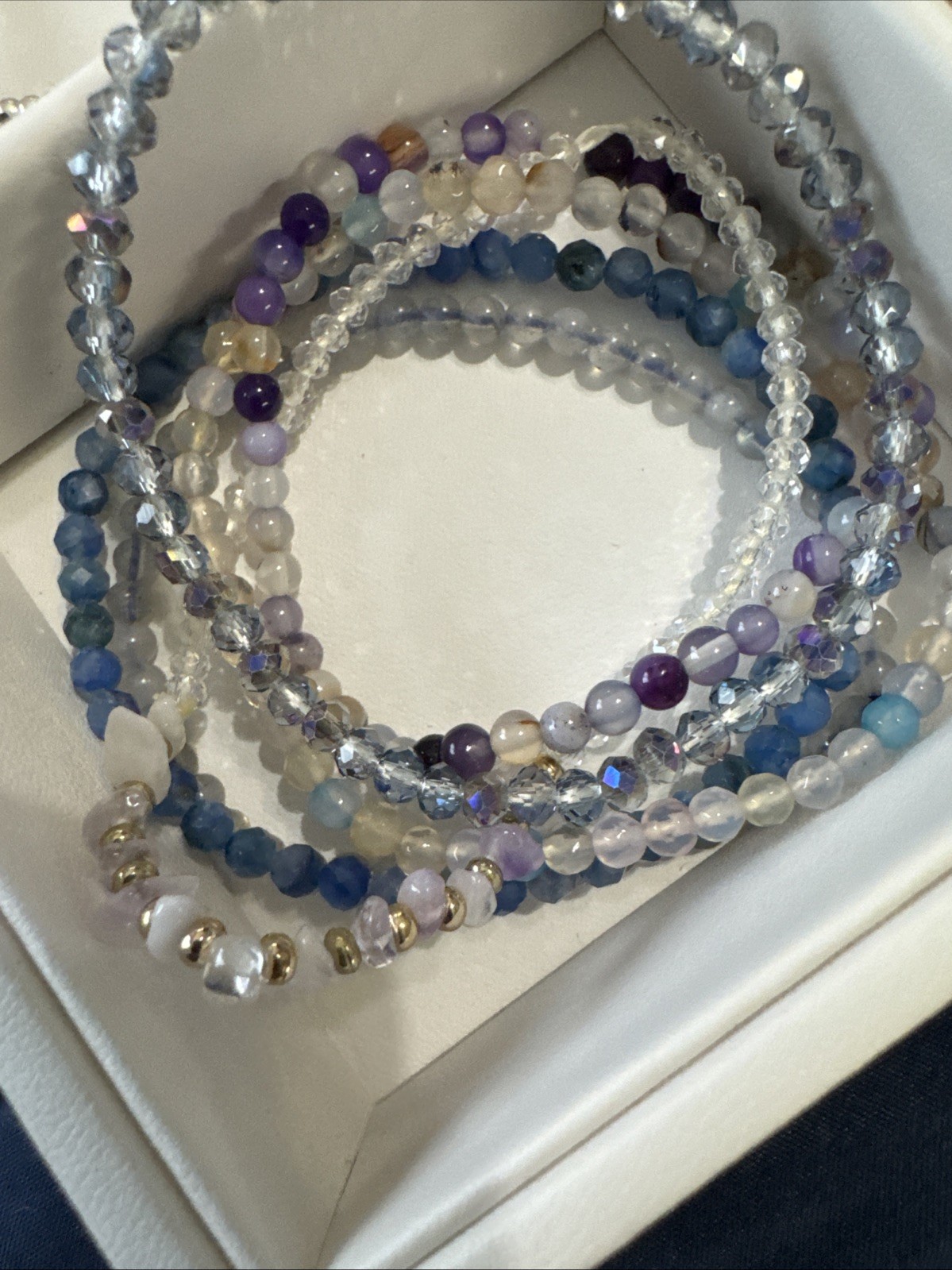 Beaded Gemstone Stretch Bracelets, Set Of 6- Purple And Blue Tone. Approx 2-3mm